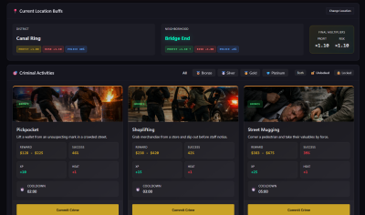 Mafia HQ screenshot: Crimes and cooldowns - tiered crimes, energy and calculated success chance Mafia HQ screenshot: Crimes and cooldowns - tiered crimes, energy and calculated success chance